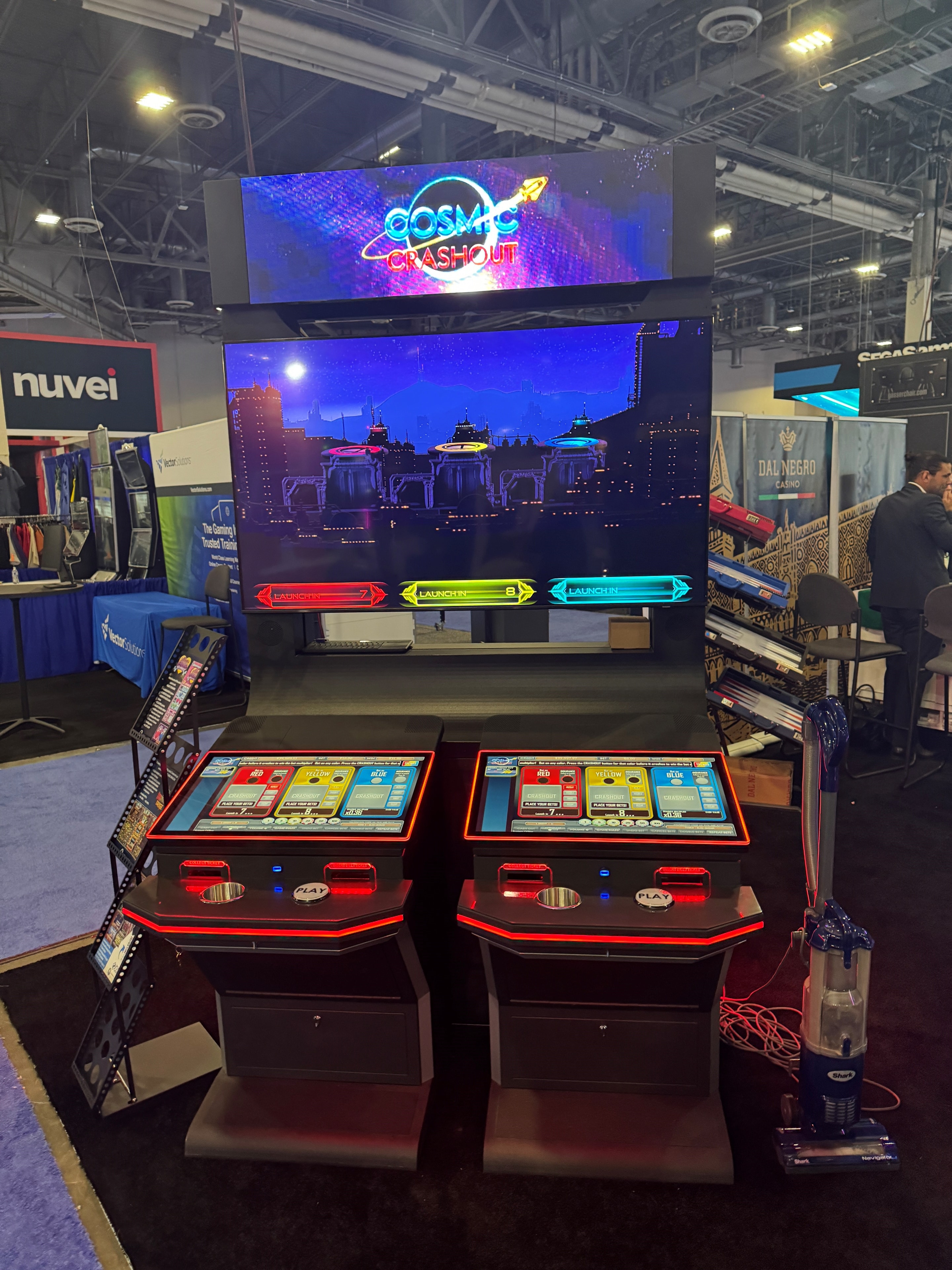 Casino Gamemaker slot topper LED display showing Cosmic Crashout game branding