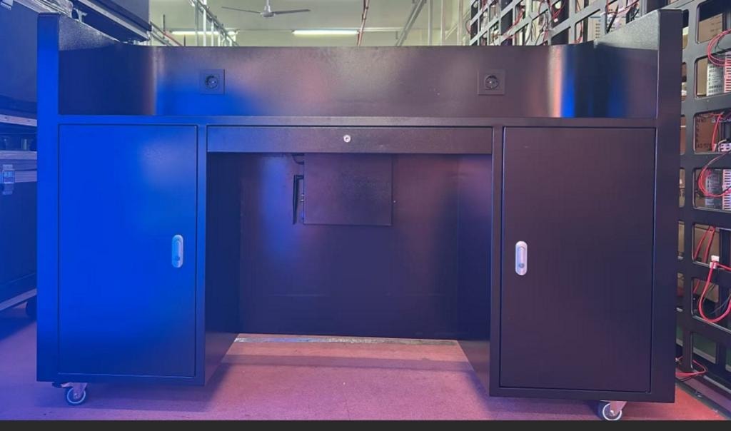 P1.53 LED booth cabinet structure showing internal storage compartments and caster wheels